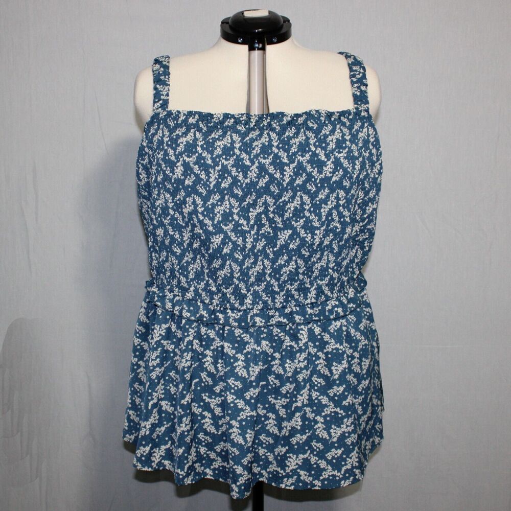 Blue Floral Smocked Tank Top with Peplum Hem